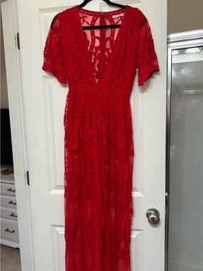 Honey Punch Red Lace Maxi Dress with V-Neck